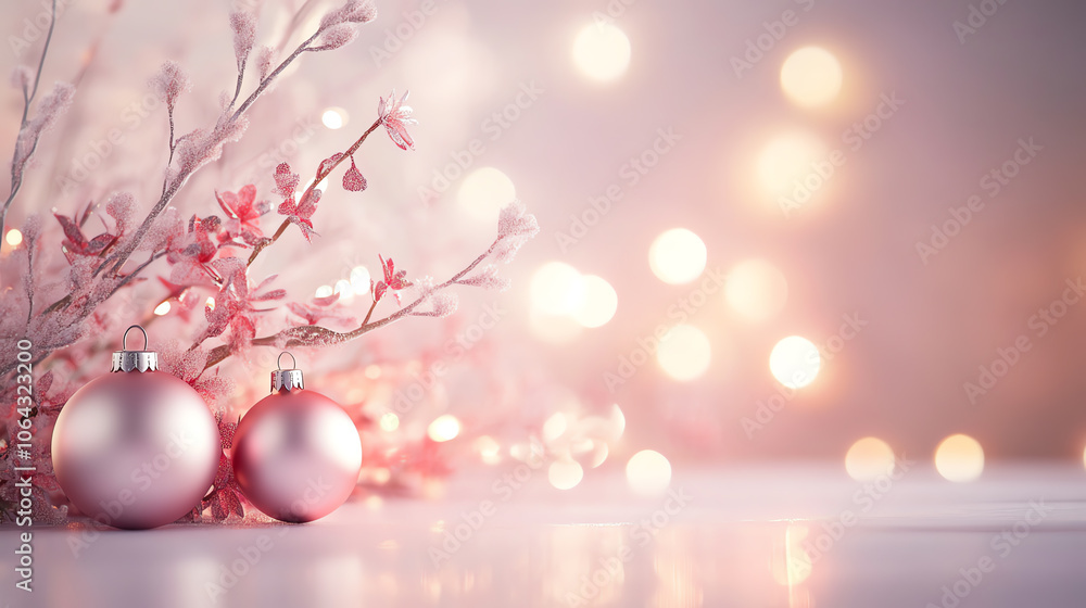 Poster delicate pink ornaments and branches create a festive atmosphere with soft bokeh in the background.
