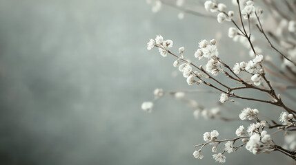 Delicate white blooms on branches against a soft, muted background, creating a tranquil and serene atmosphere.