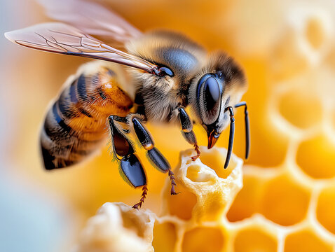 Honey bee drinking nectar on honeycomb