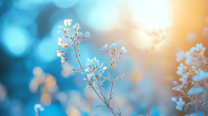 Delicate wildflowers illuminated by soft sunlight, creating a tranquil atmosphere with a dreamy background.