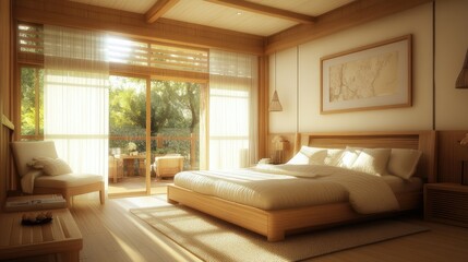 Naklejka premium Serene Modern Bedroom Interior in Natural Wood