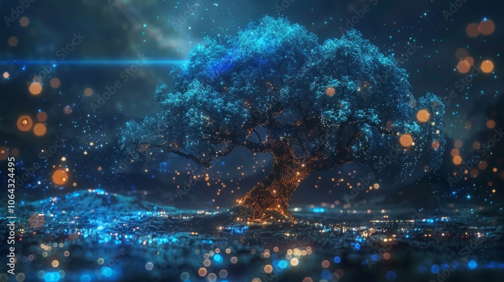 Poster futuristic cyberpolygon tree with big data visualization