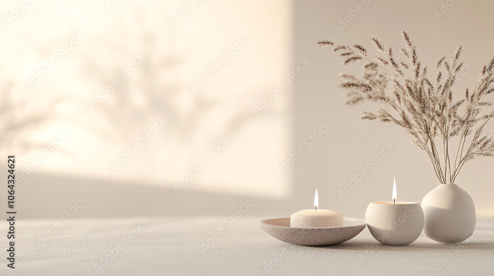 Poster elegant candles and dried flowers on a soft table surface, creating a serene atmosphere.