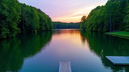 Obraz premium Serene Lake Surrounded by Trees at Dawn