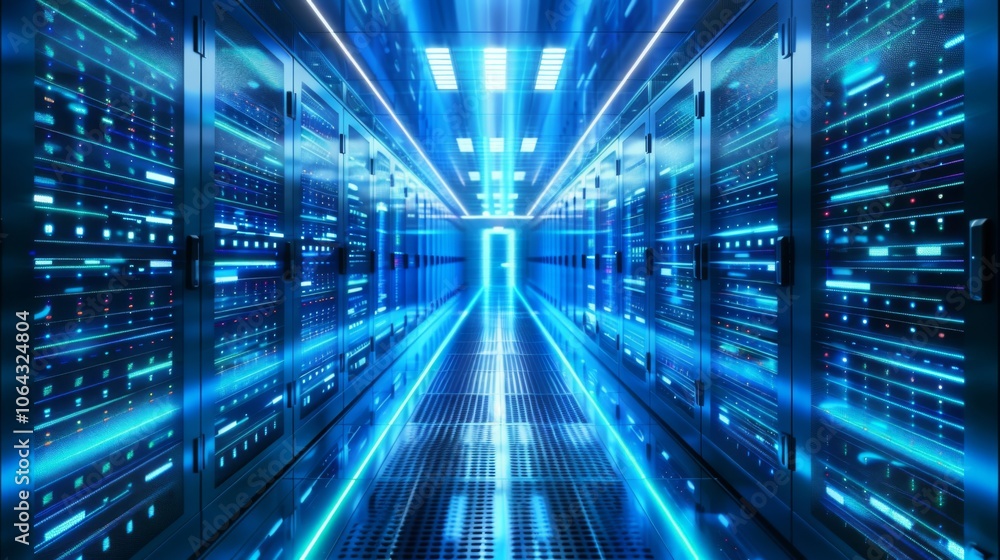 Poster modern infrastructure: symmetrical array of azure servers in a data center