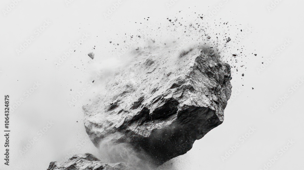 Aufkleber a large rock fragment exploding with debris in a monochromatic setting.