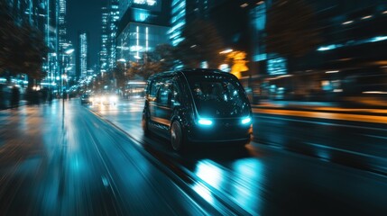 Fototapeta premium A futuristic vehicle navigating a vibrant city at night, illuminated by neon lights.