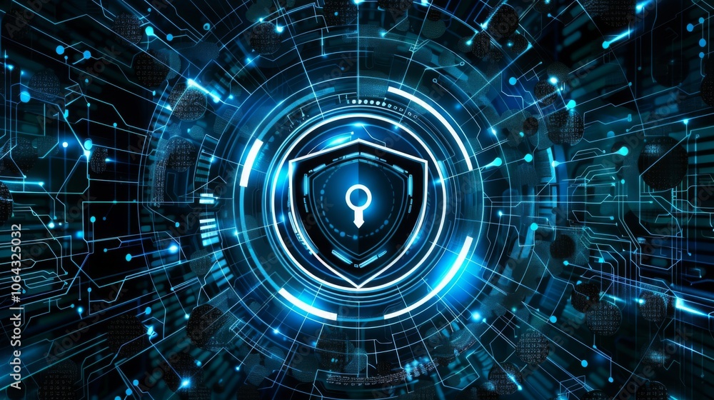 Poster digital interface with shield symbol for cyber security