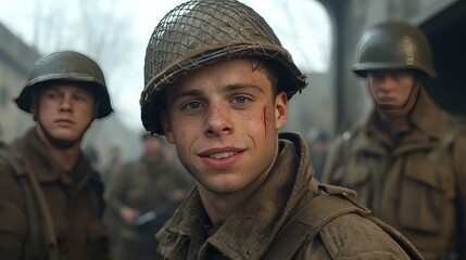 Fototapeta premium Closeup Portrait of Young Soldier in World War II Uniform