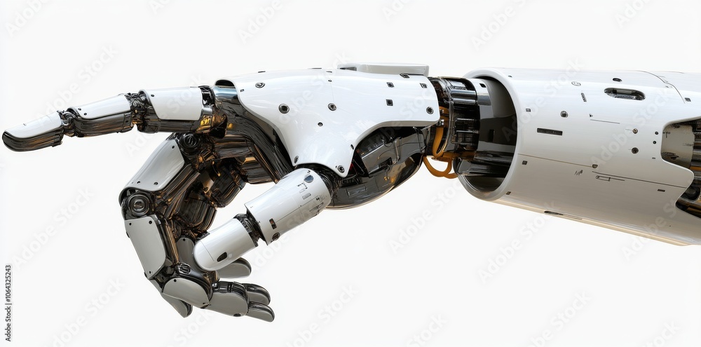 Poster a futuristic robot hand extends, pointing with precision.