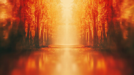 Fototapeta premium Enchanting autumn forest scene with golden rays filtering through the trees, reflecting on a tranquil water surface.