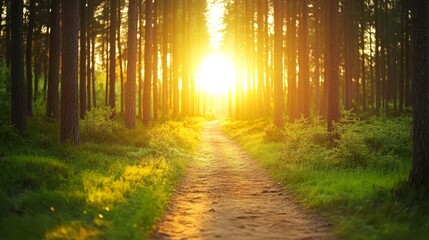 Obraz premium Sunlit forest path, a serene journey through the woods to bright, golden destination