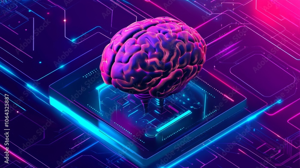 Poster neon aesthetics and microcircuits create a modern visual experience