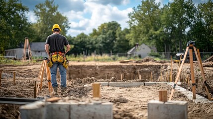 Construction worker surveying a foundation site with tools and materials.
