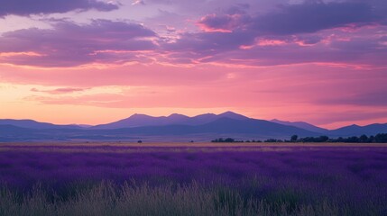 A breathtaking view of vast lavender fields unfolds, painted in shades of purple, as the sun sets behind distant mountains, casting a serene glow over the tranquil landscape.