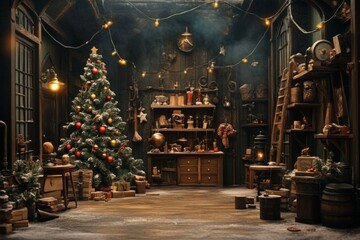 Obraz premium A festive rural background showcasing Santa's workshop ambiance.