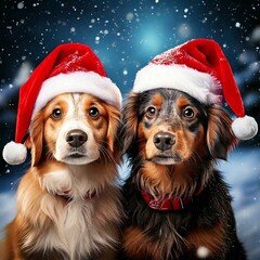 two dogs in santa hats