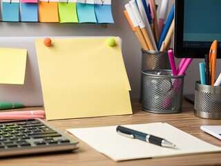An orange rectangular sticky note with a shadow on a white background, work tools, office accessories