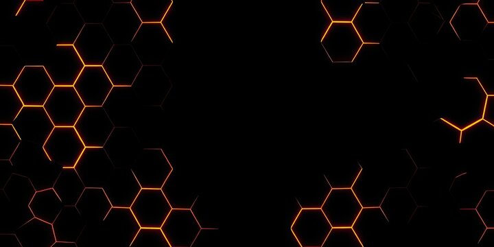 Abstract dark hexagon pattern on orange neon background with a modern futuristic honeycomb concept, style, honeycomb