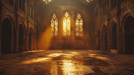 Obraz premium Sunbeams Illuminate Abandoned Church Interior Gothic Architecture Ruins Sunlight Dram