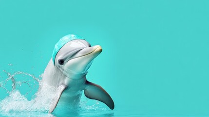 Naklejka premium Dolphin Wearing a Swim Cap Emerging from Water
