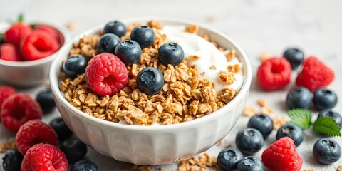 Bowl of yogurt with granola, dry raspberries and blueberries, breakfast, berries
