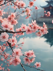 Obraz premium Serene Reflection of Cherry Blossoms by Water