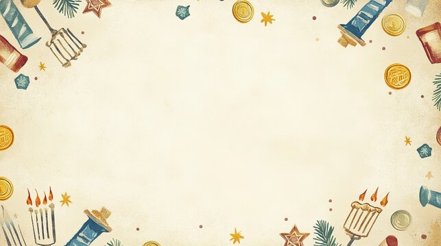 A festive Hanukkah letter template framed by illustrated menorahs and Stars of David in each corner. Small dreidels and coins scatter along the edges, and the background is a soft ivory,