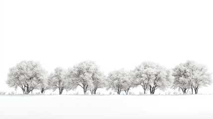 Obraz premium Line of frosted trees against a bright white background, creating a serene winter landscape.