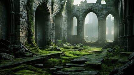 Fototapeta premium Ancient structure covered in greenery and moss.