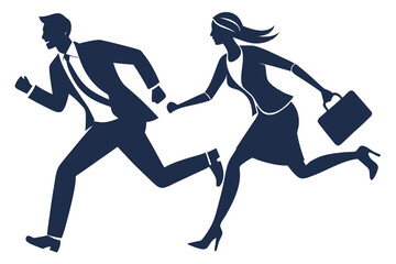 Business man and business woman in rush competing run