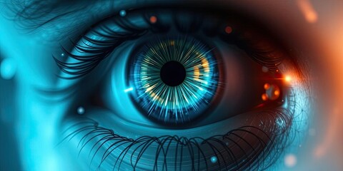 Futuristic digital eye iris abstraction with innovative entertainment technology and artificial intelligence, technology, concept