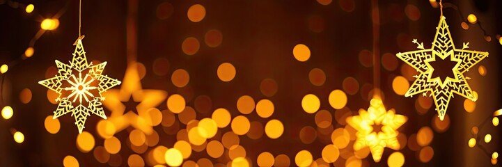 Golden star-shaped light shining brightly against a dark backdrop, holiday, background