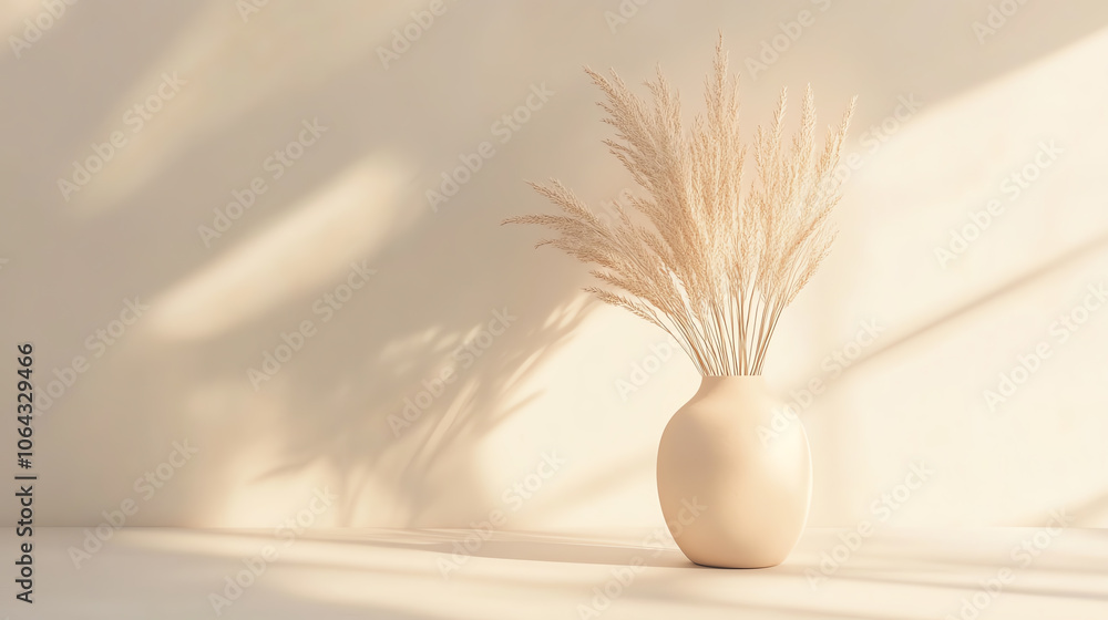 Poster minimalist vase with dried grass against a soft-lit wall, creating a serene and modern atmosphere.