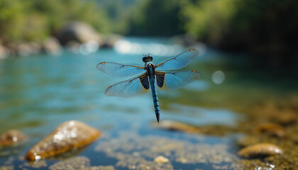 Delicate Dragonfly Perched on Natural River Rocks in Serene Waterside Setting