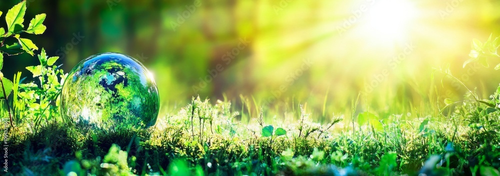 Poster sunlight filtering through trees onto an environmental globe.
