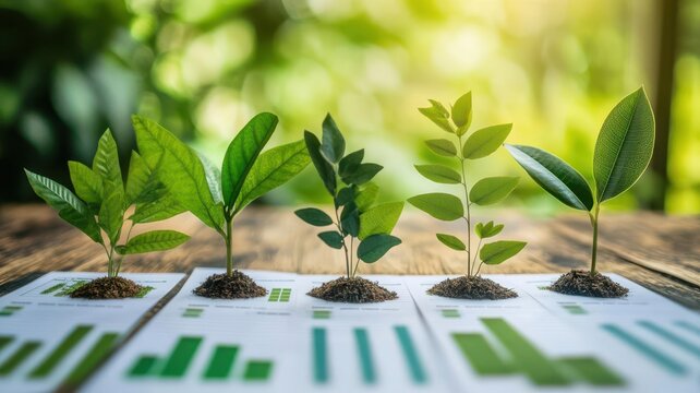 Business consultants evaluating green project growth charts, concept of sustainable finance strategies