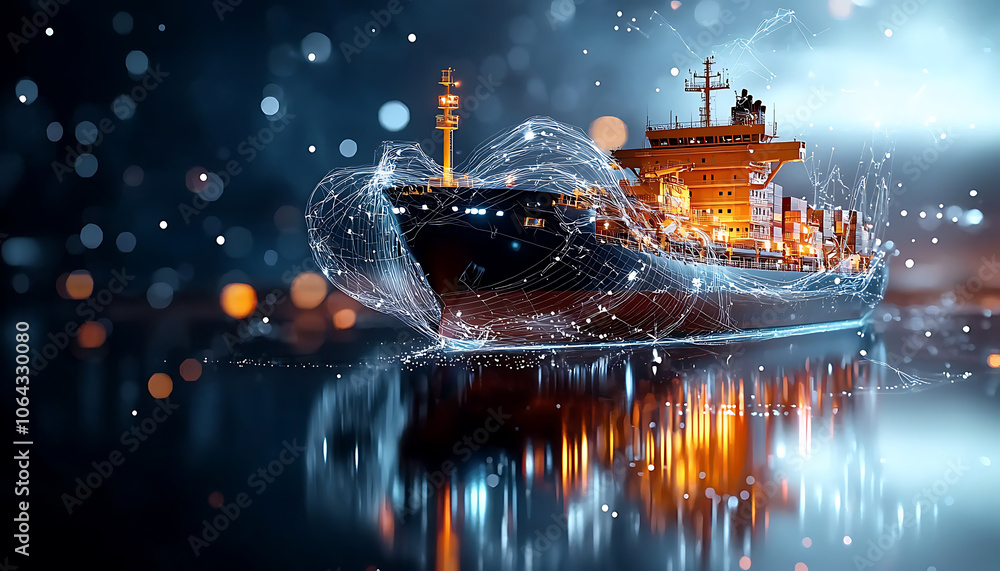 Poster enhance supply chain efficiency by integrating digital data overlays on cargo ships for improved log