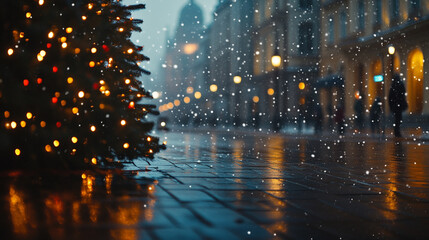 A winter evening in the city with Christmas lights and falling snow creating a festive atmosphere