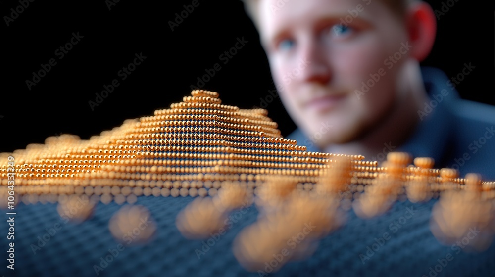 Poster abstract golden sphere structure man in background