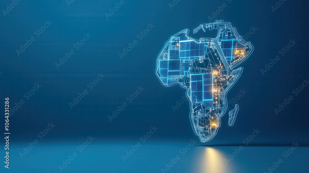Poster 3d rendering of africa shape highlighted with solar panels and power lines, symbolizing renewable en