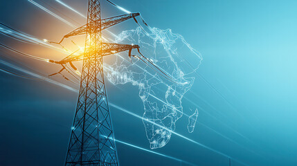 Electricity tower with Africa silhouette, symbolizing energy growth and connectivity. image conveys sense of progress and innovation in energy sector