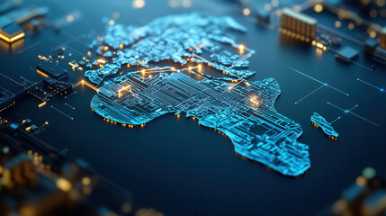 digital representation of Africa silhouette with circuit patterns, showcasing technology and innovation. glowing lines create modern and futuristic feel