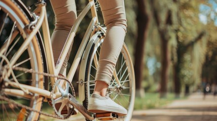 A woman is riding a bicycle down a path in the park