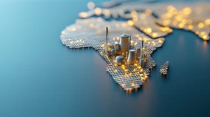3D view of Africa shape outlined by energy infrastructure, showcasing power plants and industrial elements, symbolizing growth and development