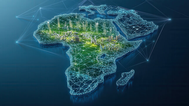 3D view of Africa shape outlined by energy infrastructure, showcasing vibrant cityscape with greenery and technology, symbolizing growth and innovation