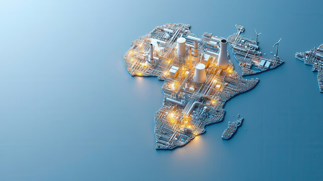 3D view of Africa shape outlined by energy infrastructure, showcasing power plants, wind turbines, and glowing energy lines. This represents continent potential for sustainable energy