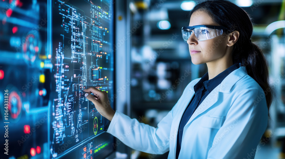 Poster female engineer analyzing data on digital screen in lab environment, showcasing technology and innov