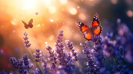 Naklejka premium Beautiful spring nature scene with lavender flowers and two butterflies bathed in soft summer sunlight, capturing a gentle and atmospheric macro moment outdoors 