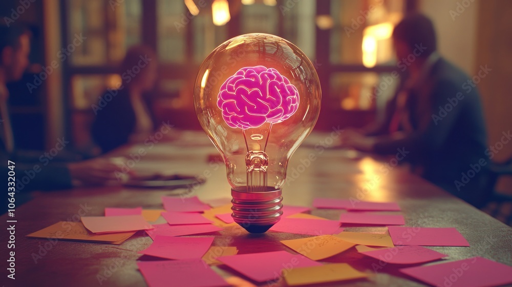Aufkleber a glowing light bulb with a brain design surrounded by colorful sticky notes in a meeting setting.